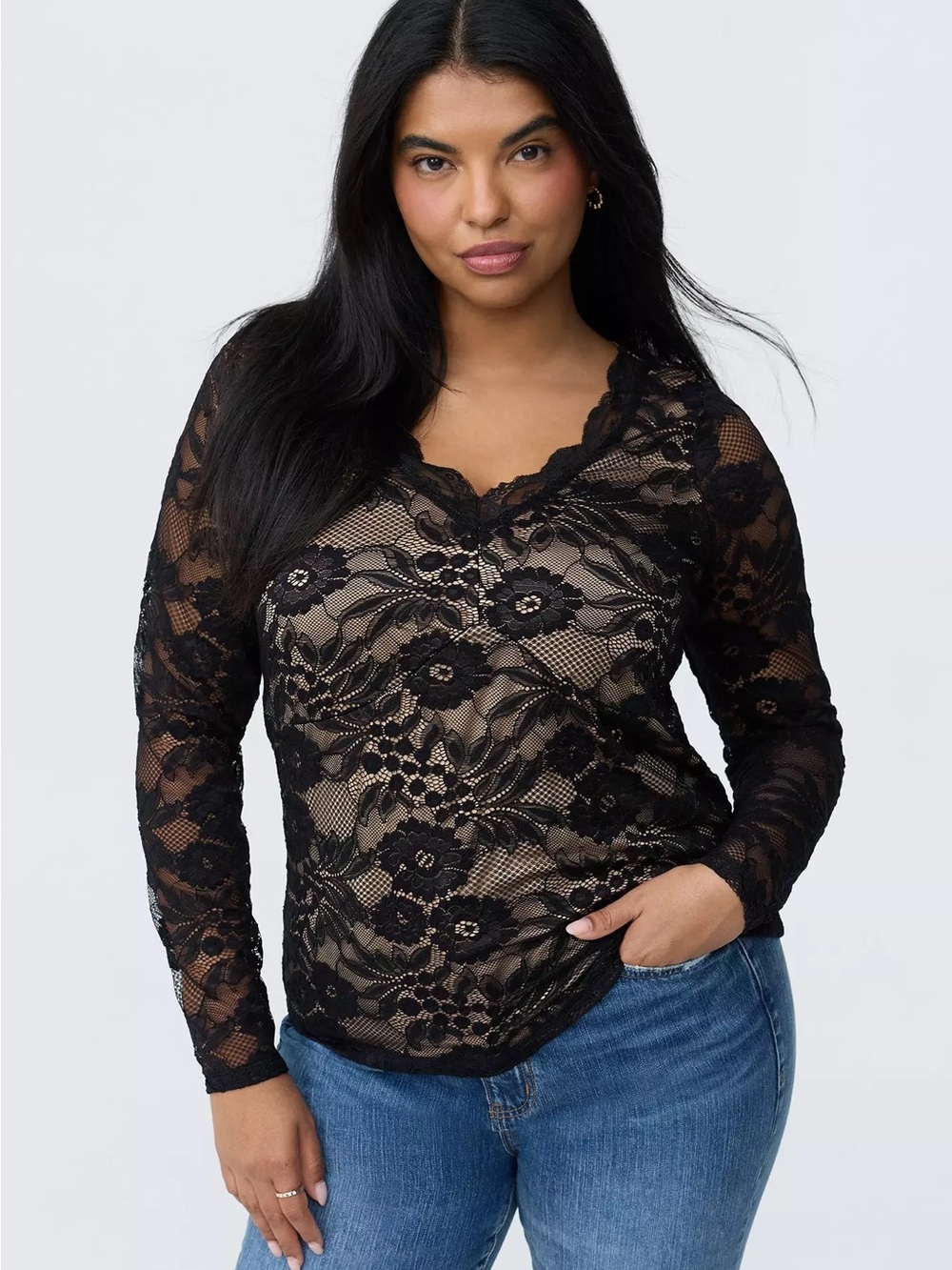 Torrid 2X 18-20 Black Floral Lace Surplice Long Sleeve Top Blouse